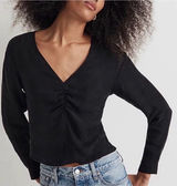 Madewell Black Brushed Ruched V-Neck Cupro Viscose Long Sleeve Blouse Top 10 Photo 0