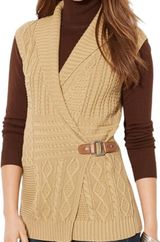 Lauren Ralph Lauren Sweater Vest Cable Knit Mid Length Buckle Closure Tan M Photo 0