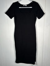 Zenana Women's XL Black Ribbed Square Neck Short Sleeve Bodycon Midi Dress Photo 0