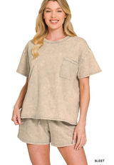 Zenana French Terry Acid Washed Relaxed Top & Short Set - Large Photo 0