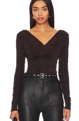 Free People NWT $68 Hot Fudge Brown Reya Ruched Long Sleeve Bodysuit XL Photo 0