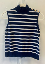 Rafiana Navy White Striped Sleeveless Mock Neck Knit Top Gold Button Detail M Photo 0