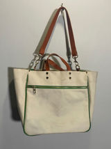 Boulevard Codie Tote Bag Womens Cream Green Canvas Leather Trim Preppy Work Photo 0