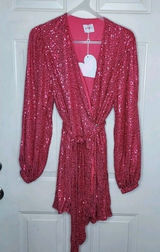 NWT Body Love Hot Pink Sequin Wrap Long Sleeve Party Dress LG holiday bling midi Photo 0