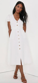 Lulus Sicily Sweetheart White Button-Front Puff Sleeve Midi Dress Classic Medium Photo 0
