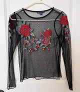 AEO Womens Dark Romance Sheer Floral Appliqué Top Size Small Whimsigoth Fairy Photo 0