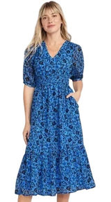 Old Navy Women's Blue Floral Midi Dress Smocked Waist V Neck Casual - L EUC Photo 0