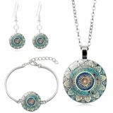 Mandala flower time gemstone necklace, bracelet‎ & earrings set, glass pendant Photo 0