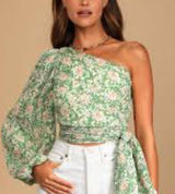 Lulu’s Grow Toward Love Green Floral Print Pleated One-Shoulder Top Photo 0