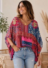 Desigual Patchwork Boho Blouse Pink Blue Paisley Dolman‎ Sleeve Womens Large Photo 0