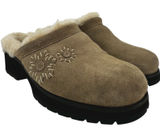 Ugg Solvang Clogs Y2K Suede Sheepskin Shearling Chunky Block Heel Floral Beige 6 Photo 0