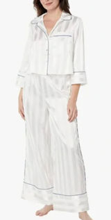 FREE PEOPLE Satin Striped Wide Leg Pajama Set White Small Photo 0