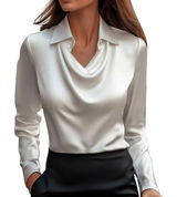 Off White Satin Cowl Neck Long Sleeve Blouse Pointed Collar Elegant Top XL Photo 0