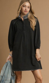 Umgee French Terry Balloon Sleeve Shift Dress with Leopard Print Detail Photo 0