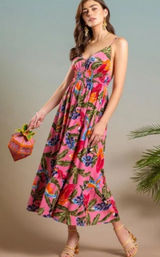 By the River Pink Tropical Print Spaghetti Strap Maxi Dress V-Neck Size Medium Photo 0