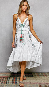 POL Embroidered Detail Tassel Tie Smocked Waist Midi‎ Tiered Cami Dress - Medium Photo 0