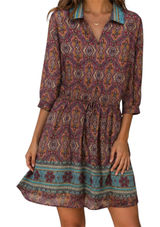 Stetson Blouson Dress Printed Collared V Neck 3/4 Sleeve Pink Multicolor Large Photo 0