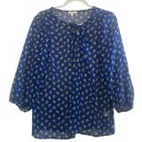 DLEIONE Sheer Bow Print Blouse‎ Blue Tie Neck Long Sleeve L Made in USA Photo 0