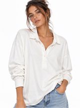 Aerie Womens Oversized Rugby Polo Top XL White Cotton Boyfriend Coastal Preppy Photo 0