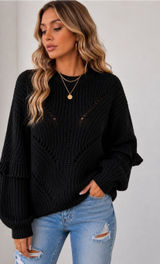 POL Black Chunky Knit Oversized Sweater Ruffle Sleeve NWOT T Medium Photo 0