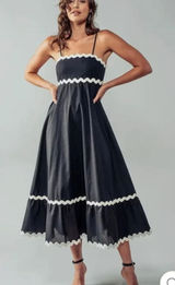 NEW SIM & SAM Linen Blend Navy w/White Trim Tiered Midi Dress M Photo 0