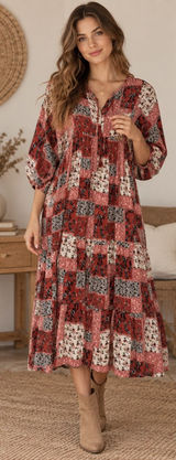 bo’hem Bohemian Patchwork Floral Tiered Midi Dress Size Small Photo 0
