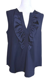 J. Crew Ruffle Front Blouse Women Small‎ Navy Blue Sleeveless V-Neck Office Wear Photo 0