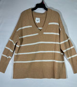Aerie Oversized Sweater Women Sz M‎ Tan White Striped V Neck Relaxed Cozy Causal Photo 0