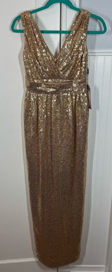 NWT Renz Ragz Bridal Metallic Sequin Gold Wrap Neckline Maxi Gown‎ Size 4 formal Photo 0