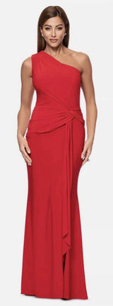 Xscape Red One-Shoulder Twist Jersey Cascading Evening Gown Size 16W $208 Photo 0