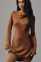 Anthropologie Bronze Satin Long Sleeve Mini Dress Photo 0