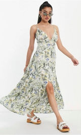 Abercrombie & Fitch Plunge Linen Blend Maxi Dress in Tropical Print, XS Photo 0