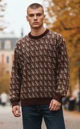 Norm Thompson Mens Geometric Knit Crewneck Sweater Brown Tan Burgundy XL 6244 Photo 0
