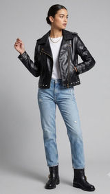 Twinset Milano Black‎ Genuine Leather Pearl Studded Biker Moto Jacket Womens S Photo 0