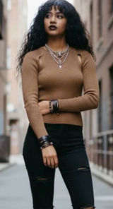 The Fifth Label Women's Ribbed Knit Cut Out Sweater Size XS Tan Model‎ Off Duty Photo 0