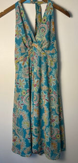 Dressbarn Sz 10 Teal Paisley Floral Halter Midi Dress Blue Pink Beach Vacation Photo 0