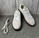 Womens Size 10.5 Beige Faux Suede Low Top Lace Up Sneakers Brown Gum Sole Shoes Photo 0