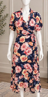 Old Navy Womens Wrap Dress Navy Pink Floral Ruffle Midi Small Photo 0