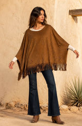 Wrangler Womens Faux Suede Laser Cut Fringe Poncho Brown XL LW4053X Photo 0