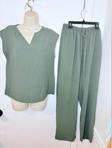 Ekouaer 2pc Lounge Set Womens M Olive Green Top & Wide Leg Pants NWT Photo 0