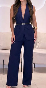 Luxury 2-Piece Tailored Set: Deep V Vest & Wide Leg Pants - Navy Blue Photo 0