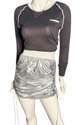 Silver Metallic Ruched Mini Skirt Medium Festival Rave Wear Liquid Shine Bodycon Photo 0