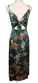 Floral Satin Cutout Tie Front Midi Dress Womens L Green Floral‎ Wedding Party Photo 0