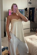 Asymmetrical Silk Flowy Top Tan Photo 0