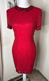 Vintage 80s AJ Bari Beaded Silk Cocktail Dress Red Sheath Petite 6 Holiday Prom Photo 0