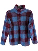 Eddie Bauer Plaid Blue Red Cozy Mock Neck 1/4 Zip Fleece Plush Pullover Size M Photo 0
