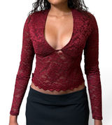 Princess Polly Burgundy Lace Plunge V neck Long Sleeve Top Photo 0