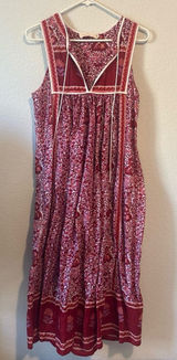 Red pink Floralbl boho Midi Dress with white Trim XS/S Photo 0