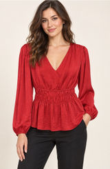 Anthropologie Dolan Red Satin V-Neck Smocked Waist Peplum Blouse Large Photo 0