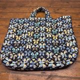 Quilted Butterfly Print Tote Bag Black‎ Blue Yellow Floral Interior Lace Trim Photo 0